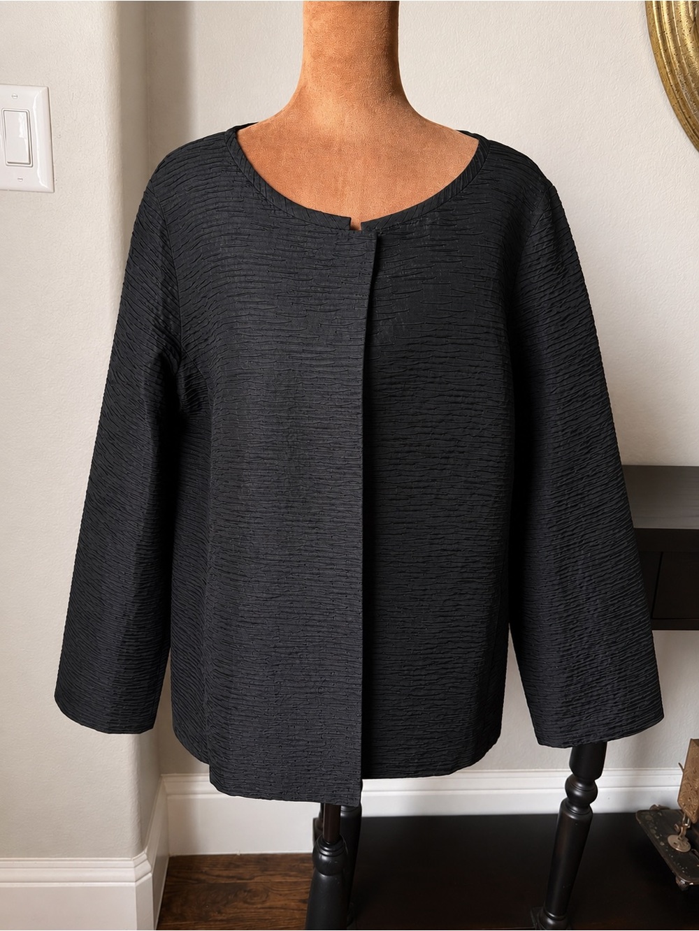 Eileen Fisher NWT Black Horizontal Pleated Silk Open Front Kimono Jacket L